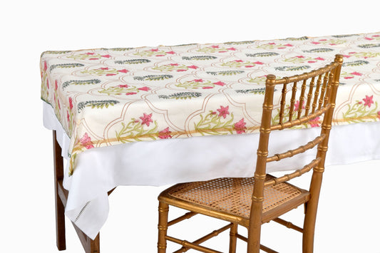 Cotton table runner block printed with pink flowers in a trellis design TR3