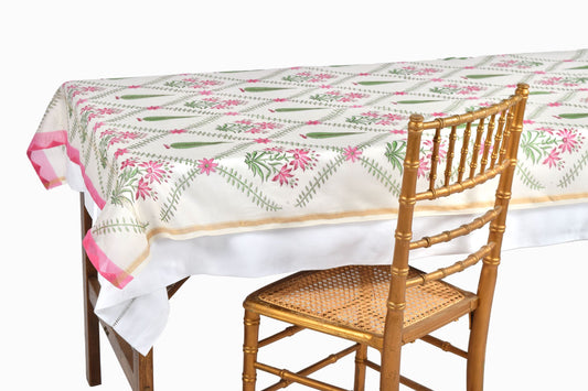 Cotton table runner block printed with pink flowers and cypress trees TR5