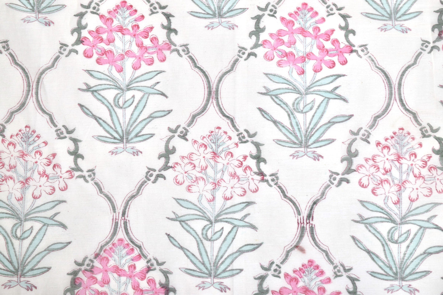 Cotton table runner block printed with turquoise and pink flowers TR6