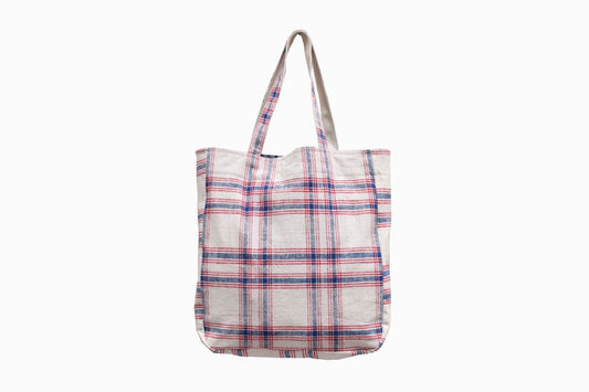 Vintage French fabric bag, large blue and red check