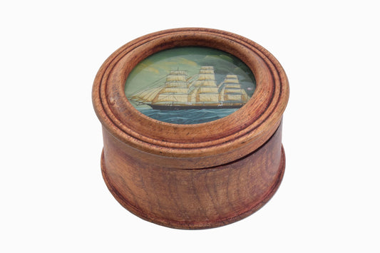 Vintage mahogany box with reverse glass painted schooner lid