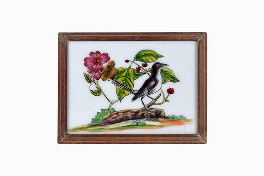 Indian glass painting of a wagtail and a flower (large, dark frame)
