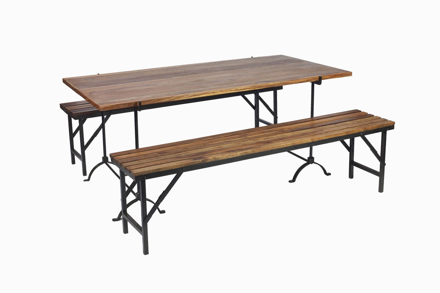 WOOD & IRON TRESTLE TABLE WITH BENCHES
