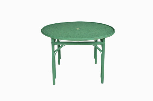 Mesa de comedor de madera curvada y ratán verde