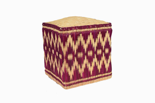 MOROCCAN STRAW POUFFES Burgundy/Natural
