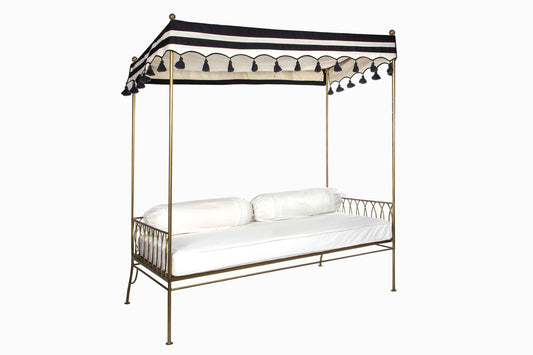 Palm Springs day bed gold with black and white canopy