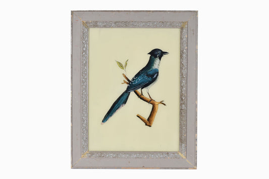 Pintura india sobre vidrio de un pájaro azul (grande)