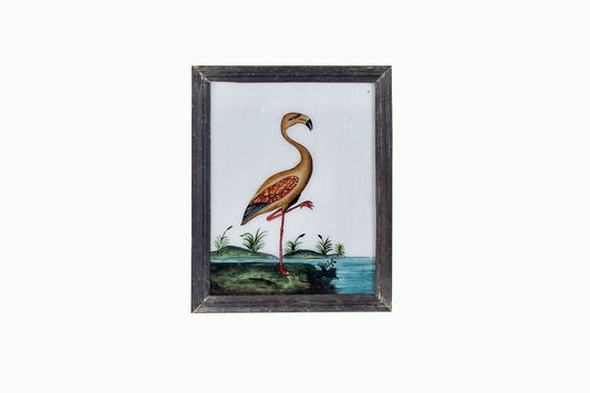 Pintura india sobre vidrio de un ave zancuda con marco de madera oscura (mediano)
