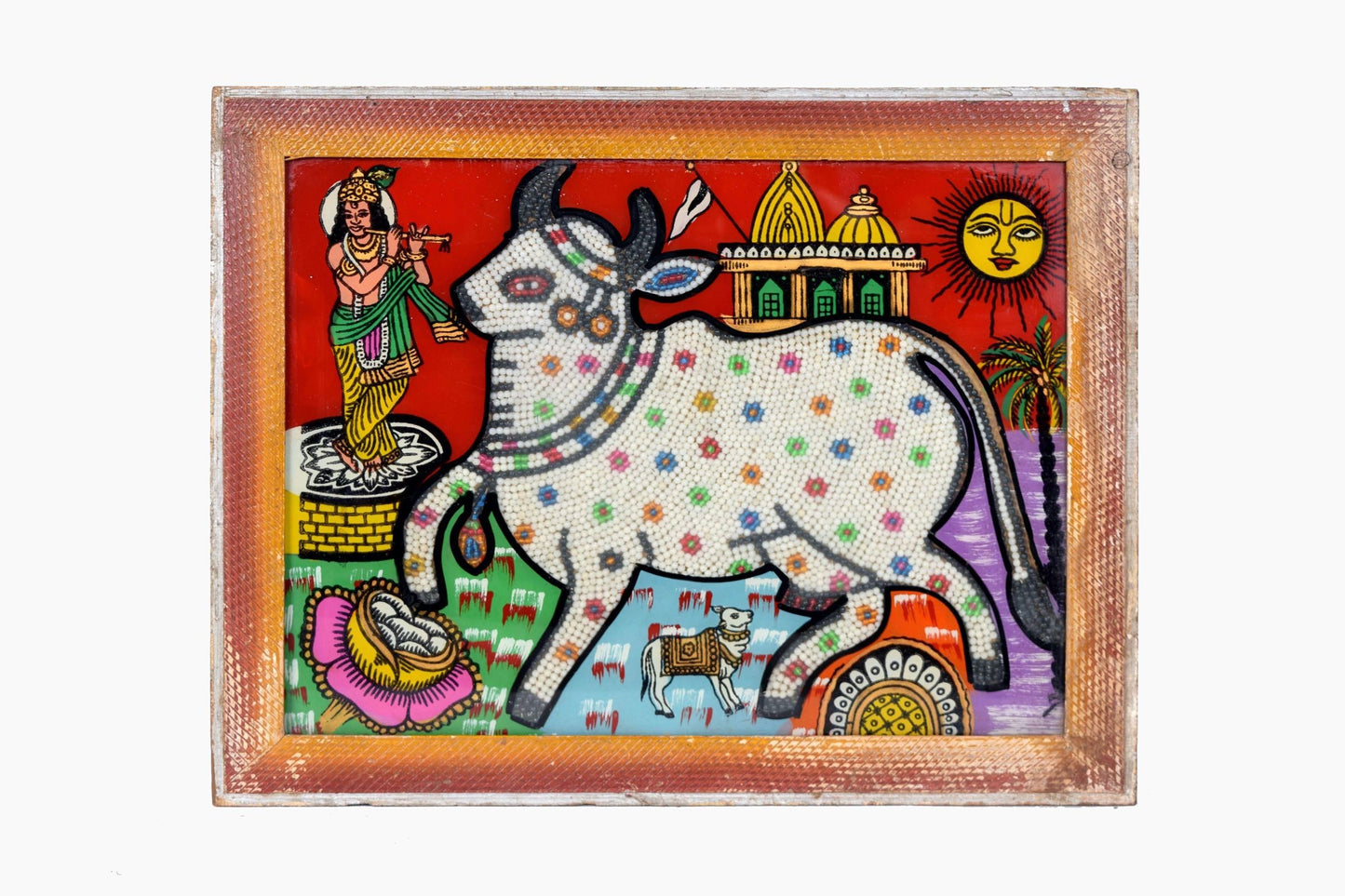 Beaded cow & painted glass picture Ref 1