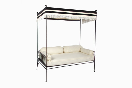 Palm Springs day bed gunmetal with black and white fringed canopy