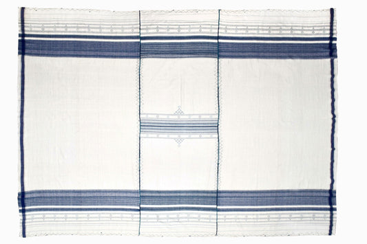 BS18/WH82 Colcha o tapiz de lana india color crema y azul marino
