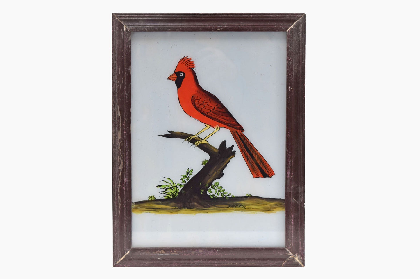 Peinture sur verre indienne d'un oiseau rouge (grand)