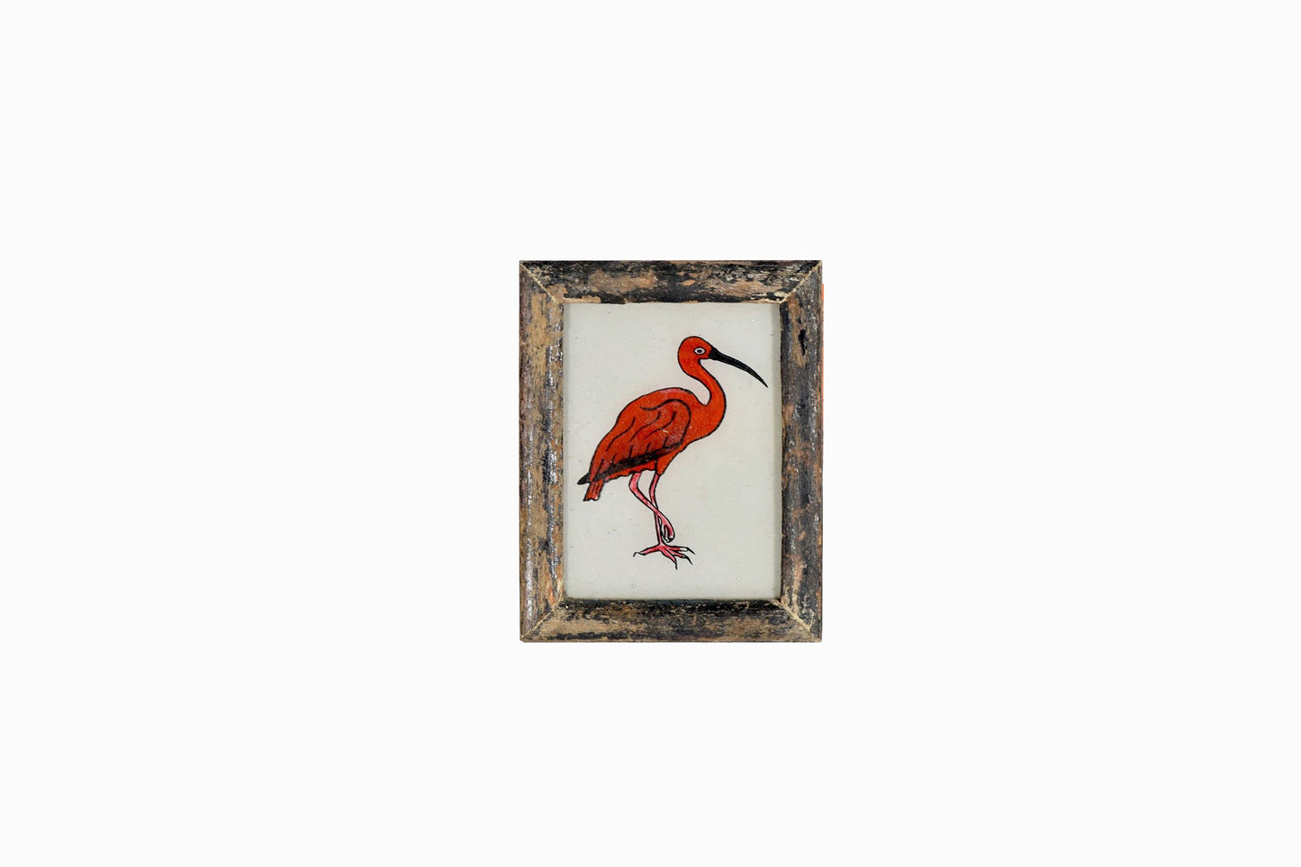 Indian glass painting of a flamingo (very small) rounded wood frame