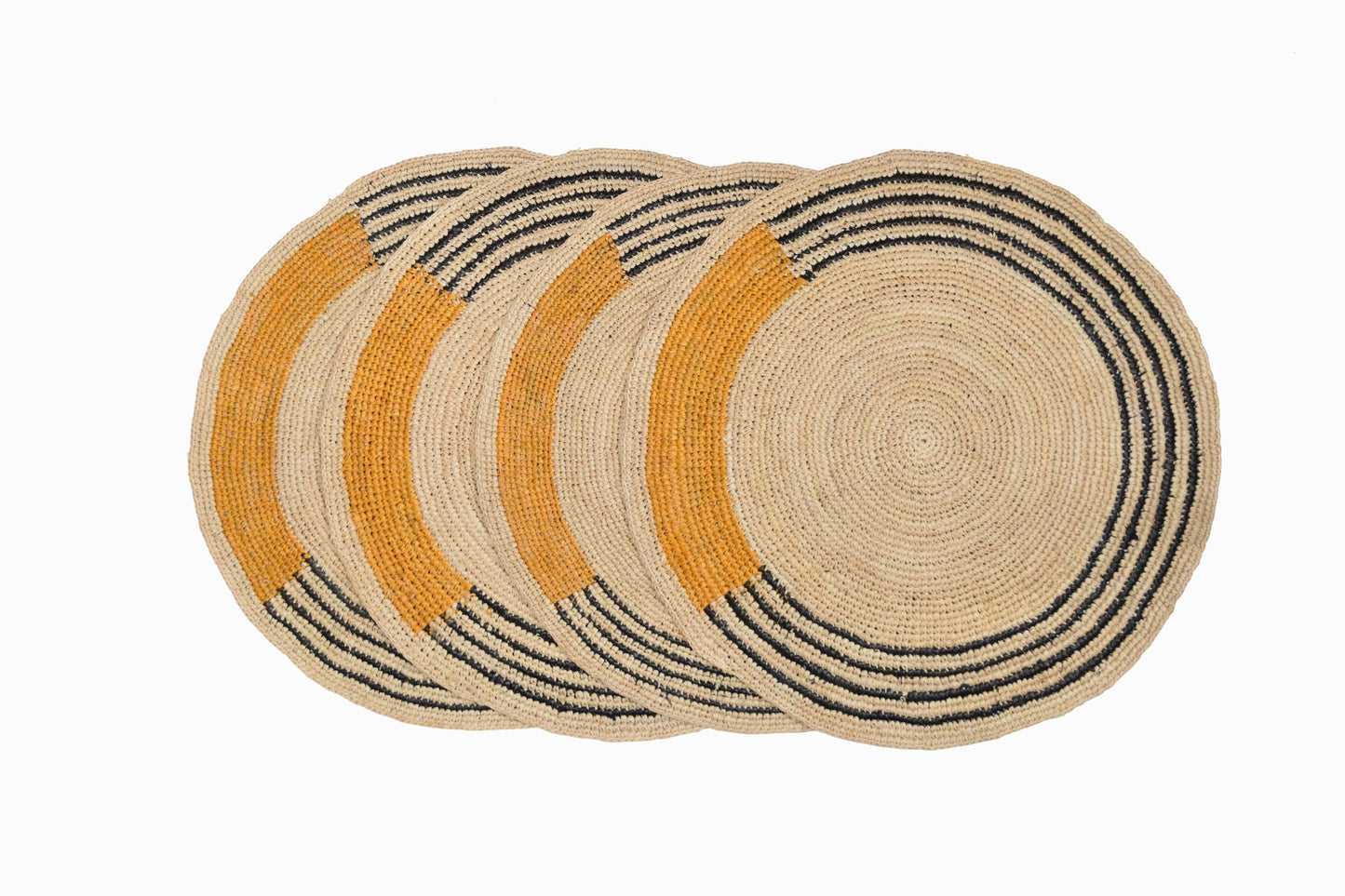 DESSOUS DE TABLE CIRCULAIRES EN PAILLE OCRE NOIR (LOT DE 4)