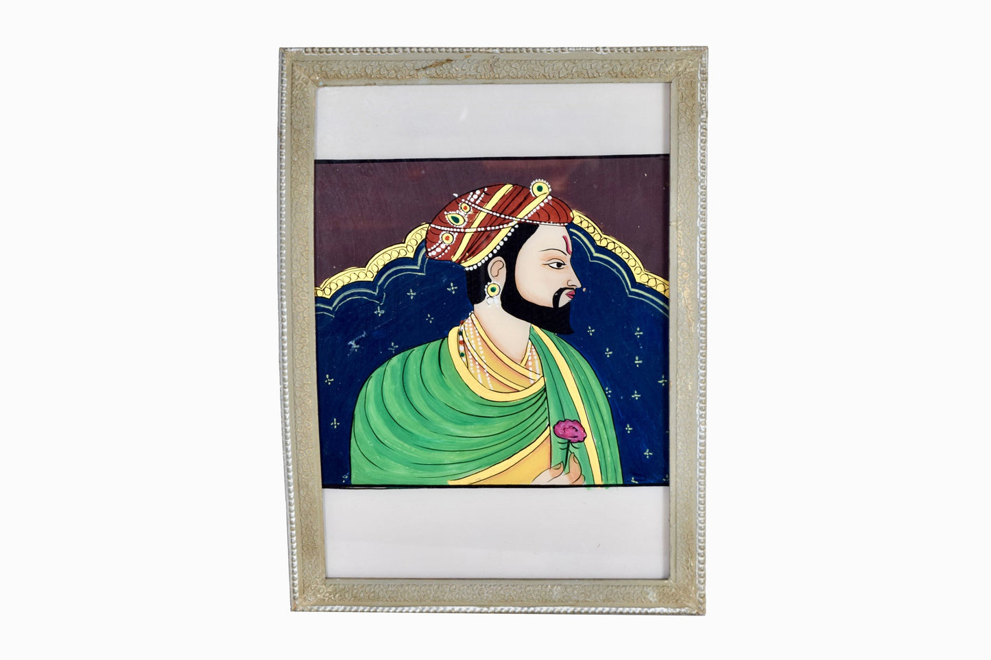 Peinture sur verre indienne d'un marié avec une rose (grande)
