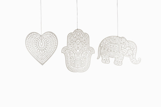 HAND, HEART AND ELEPHANT PAPER DECORATIONS (PACK OF THREE)