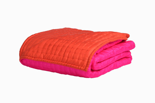 KING SIZE QUILTED SILK BEDSPREAD HOT PINK AND ORANGE