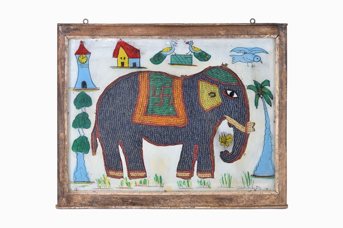 Pintura de vidrio de elefante con cuentas 