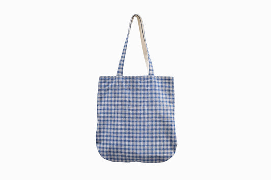 Vintage French fabric bag, small blue check
