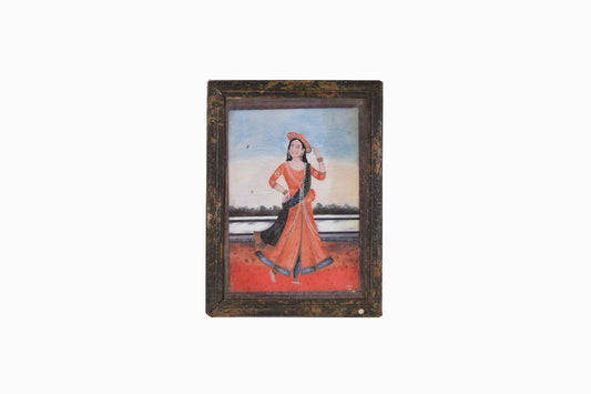 Indian glass painting of a bird with a dancing lady (vintage piece)